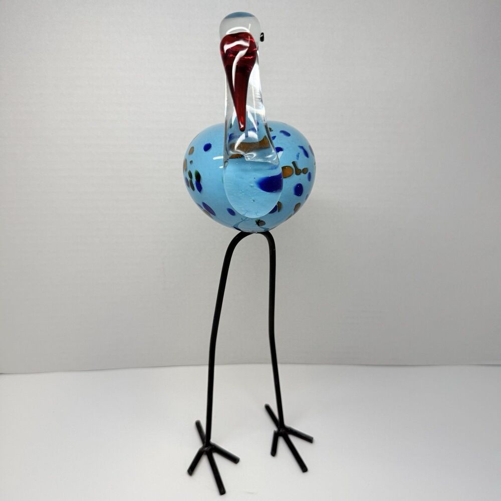 Hand Blown Murano Style Art Glass Turquoise Speckled Bird With Tall Metal Legs - Picture 4 of 10